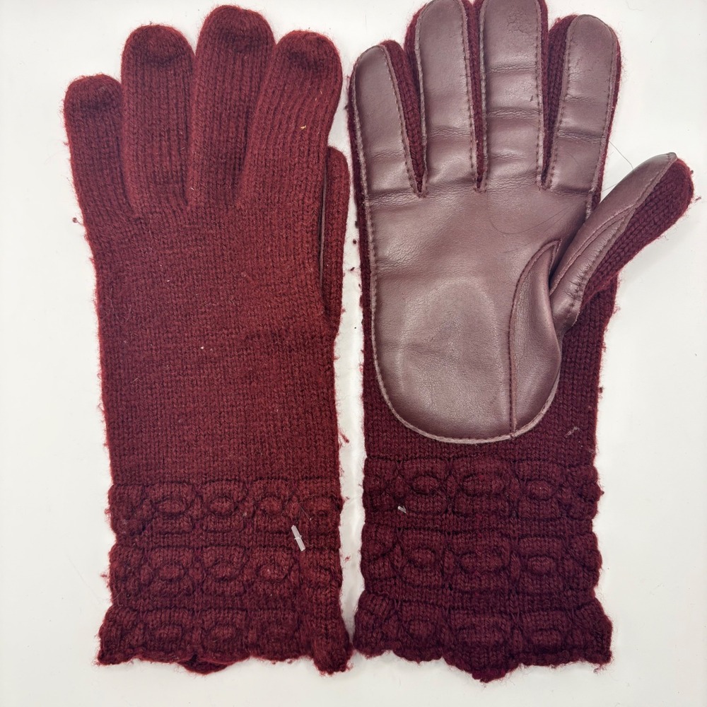 Burgundy Knit Driving Gloves with Leather‎ Palm Grips Scalloped Cuff Maroon